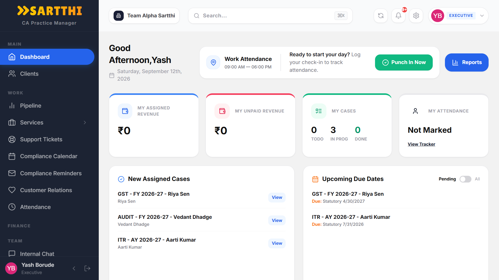 Sartthi CA Practice Manager CRM Dashboard Layout
